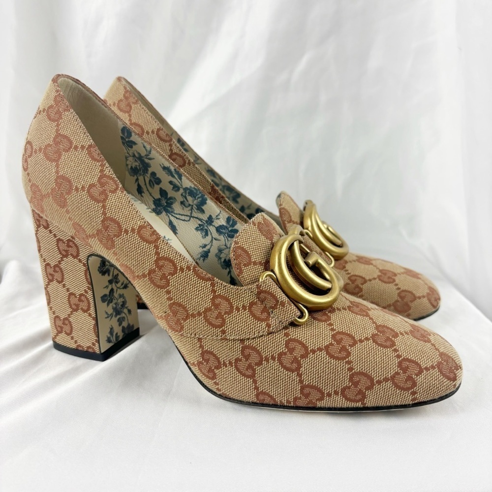 Gucci GG Marmont Beige Ruggine Victoire 95mm Loafer Block Heel Pumps EU 39.5 - Picture 3 of 11
